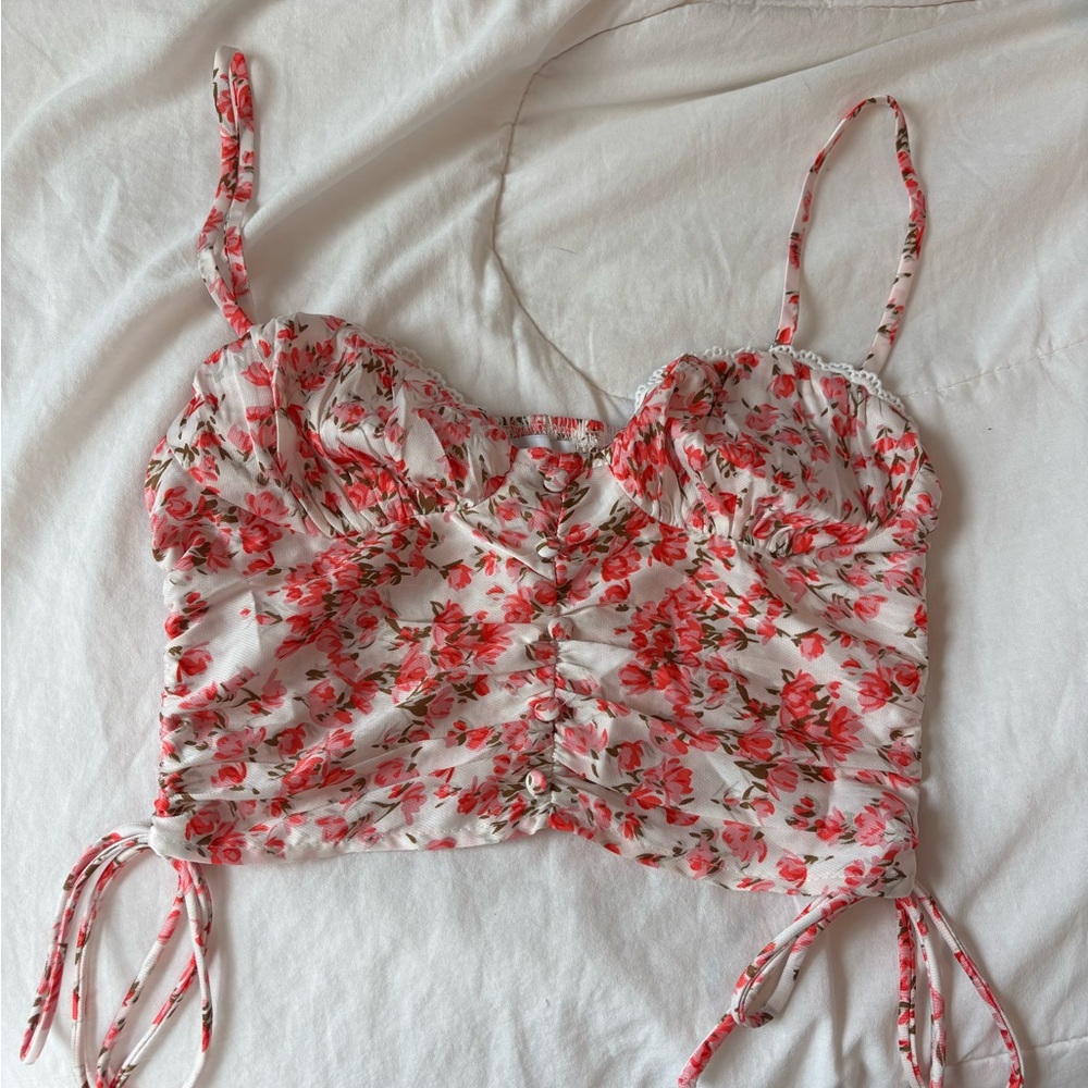 Princess Polly White Pink Floral Ruched Cami